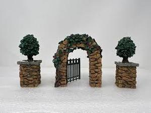lot 68 image: Dept 56 - Dickens Village Collections Stone Corner Posts with Holly Tree and Stone Archway - Heritage Village Collection