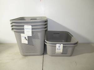 lot 28 image: Set of 4 Large Decorative Plastic Bin with Cutout Handles & 2 Small Decorative Plastic Bin with Cutout Handles - Brightroom-Grey