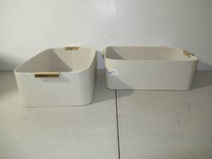 lot 21 image: Set of 2 Faux Leather Folio Bin with Metal Handles Ivory - Threshold Decorative Storage Basket, Rectangle, Spot Clean