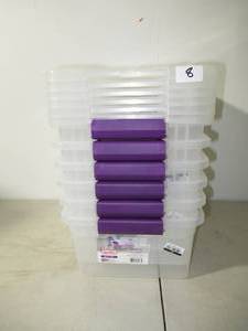 lot 8 image: Lot of 6 Sterilite 15qt Clear View Storage Bin with Latch Purple