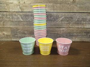 lot 88 image: Lot of 20 Pastel Painted 4in. Tin Pales with Painted Messages
