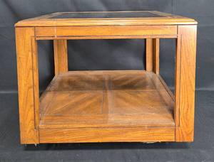 lot 10 image: Vintage Wooden Coffee Table with Glass Top and Lower Shelf