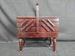lot 24 image: Vintage Standing Wooden Sewing Basket with Folding Sides