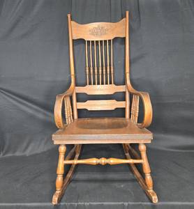 lot 34 image: Antique Wooden Rocking Chair with Decorative Backrest