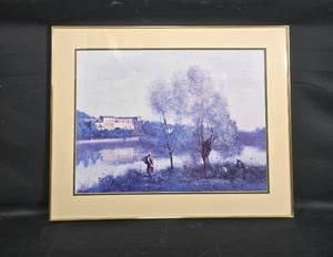 lot 43 image: Framed Art Print of Lakeside Scene with Trees and Figures