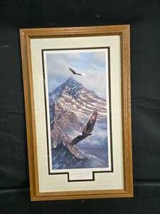 lot 71 image: Framed Print On Freedoms Wing by Rick Kelley - Eagle and Mountain Landscape