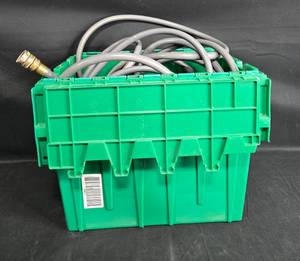 lot 124 image: Heavy Duty Gardening Hose with Sprayer in Green Storage Bin