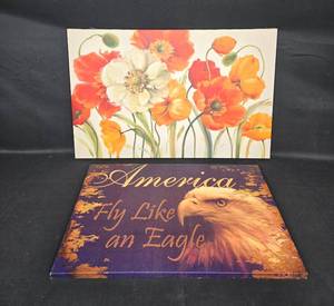 lot 129 image: Set of 2 Framed Canvas Wall Art - Floral and Eagle Theme