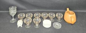 lot 145 image: Collection of Vintage Dessert Glasses, Glass Goblet, Creamer, and Ceramic Piggy Bank
