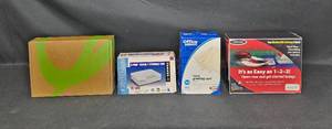 lot 146 image: Lot of Networking and Stationery Items Including Qwest DSL Router, Trendnet Ethernet Hub, and Office Depot Greeting Cards