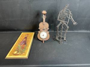 lot 66 image: Decorative Music-themed Figurines and Artwork - Violin Clock, Wire Musician Sculpture, Framed Wine Artwork