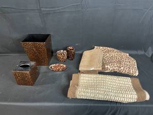 lot 68 image: Leopard Print Bath Accessories Set with Towels and Wastebasket