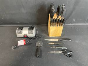 lot 69 image: Complete Set of Knives and Accessories with Knife Block & Sharpener