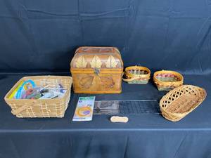 lot 99 image: Mixed Lot of Vintage Baskets, Wooden Chest, and Craft Supplies