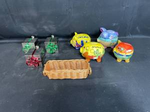 lot 110 image: Collection of 4 Painted Ceramic Piggy Banks and 3 Decorative Gift Boxes with Woven Basket