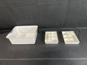 lot 113 image: Plastic Storage Containers - Includes Basket and 2 Divider Trays