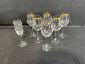 lot 114 image: Wine Glasses with Gold Trim and Champagne Flute