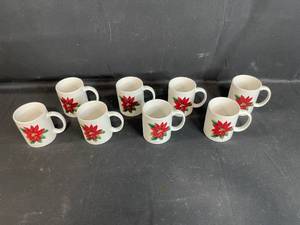 lot 116 image: Set of 8 Holiday Mugs with Poinsettia Design