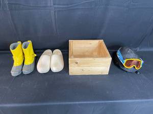 lot 173 image: Yellow Waterproof Boots, Wooden Clogs, and Ski Helmet with Goggles