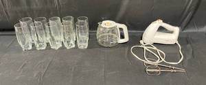lot 174 image: Set of Glass Tumblers, Glass Coffee Pot, and Electric Hand Mixer