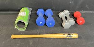 lot 175 image: Assorted Workout Equipment Set Dumbbells, Exercise Mat, and Bat