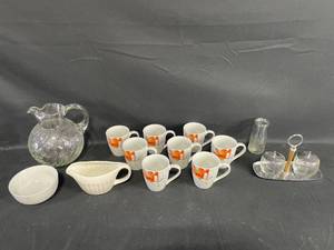 lot 203 image: Collection of Tableware Including Glass Pitcher, Creamer, and Set of Floral Mugs