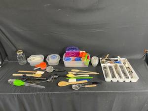 lot 205 image: Assorted Kitchen Utensils, Measuring Tools, and Storage Containers Lot
