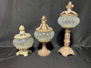 lot 96 image: Set of 3 Vintage Glass Candy Dishes with Ornate Metal Lids