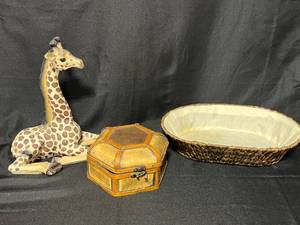 lot 84 image: Collectible Giraffe Figurine with Decorative Storage Box and Woven Basket