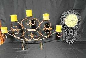 lot 93 image: Vintage Iron Candle Holder and Wall Clock Set (clock works)