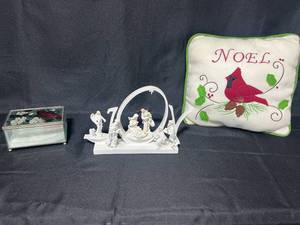 lot 153 image: Holiday Decorative Lot with Cardinal Pillow, Glass Trinket Box, and Nativity Scene