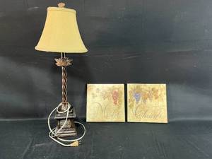 lot 165 image: Vintage Table Lamp with Shade and Set of 2 Framed Grape Artwork
