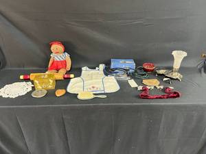 lot 167 image: Vintage Collectibles Lot Ft. Home Kitchen Collection with Doll, Baking Tools, Purse, Lamp and General Electric Iron