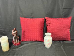lot 177 image: Home Decor Collection Two Red Throw Pillows, Floral Vase, and Friendship Candle