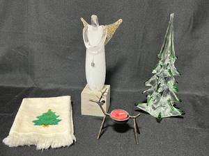 lot 181 image: Christmas Decor Collection Glass Angel, Tree, Reindeer Candle Holder & Embroidered Towel