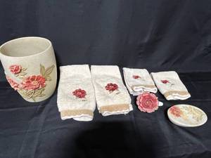 lot 198 image: Decorative Bath Set with Floral Design - Includes Waste Basket, Hand Towels, and Accessories