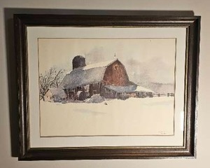 lot 61 image: Singed David Riebe Watercolor  Winter of 1975