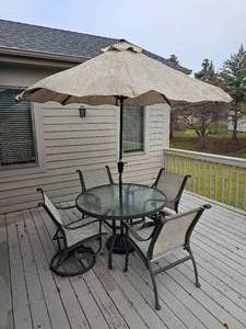 lot 26 image: Scrolled Detail Patio Dining Set  Table  Chairs  Umbrella