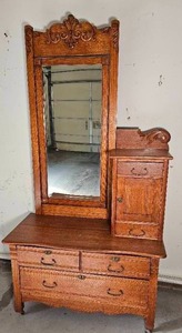 lot 24 image: Antique Carved Walnut Stepped Dresser with Tall Mirror
