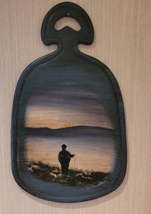 lot 39 image: Norwegian Wooden Oil Plate with Painted Seaside Scene  signed