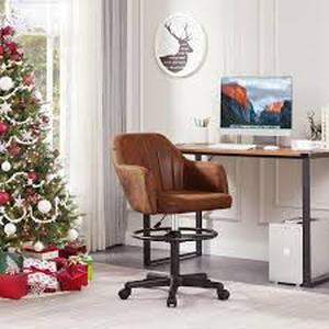 lot 22 image: VECELO Premium PU Swivel Drafting Chair Adjustable Height Lumbar Support Home Office Office Stool, Brown  Customer Returns See Pictures