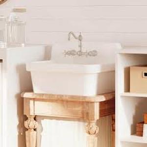 lot 24 image: Eridanus Mason 10 Gallon 20 in. D x 24 in. W Wall Mount LaundryUtility Sink in Crisp White with Basket StrainerCustomer Returns See Pictures