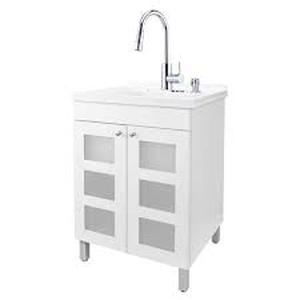 lot 30 image: TEHILA 18 Gallons 21.75 in. x 25 in. Thermoplastic Freestanding Laundry Sink, Stainless Faucet, White Cabinet, Soap Dispenser   Customer Returns See Pictures