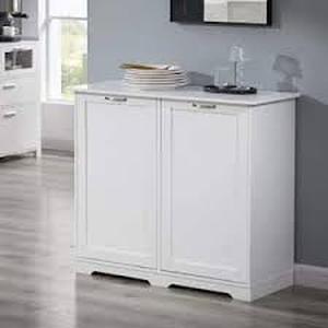 lot 33 image: VECELO Kitchen Trash Bin Cabinet White MDF 14.96 in. Sideboard Dog Proof Garbage Can with 2 Wood Holders and Air Purification  Customer Returns See Pictures