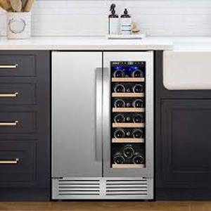 lot 36 image: Nipus 24 in. Dual Zone 18 Wine Bottles and 57 Cans Beverage & Wine Cooler in Silver Built in and Freestanding Blue LEDs  Customer Returns See Pictures