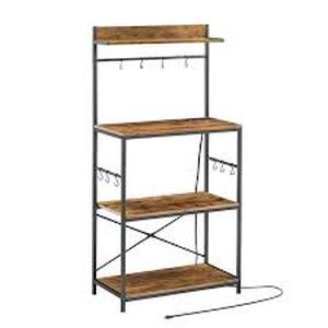 lot 41 image: VECELO Kitchen Storage Shelf Brown 4-Shelf Metal Frame 15.74 in. W W Bakers Rack With Power Outlets & Mug Cup Hooks   Customer Returns See Pictures