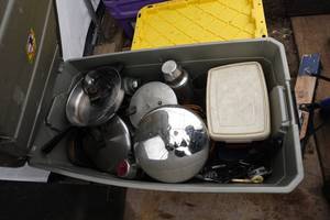 lot 717 image: Large Bin of Pots, Pans, and Kitchen Utensils
