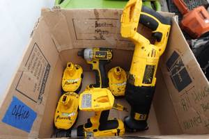 lot 753 image: DeWalt 18v Cordless Tools - Drill, Impactor, Reciprocating Saw