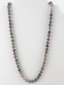lot 15 image: Green And Pink Tourmaline Knotted Yellow Gold 14K Bead Necklace. Replacement Value $350