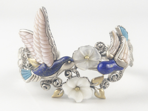 lot 16 image: Barbara Bixby Multi-Gemstone Floral Humming Bird Sterling And 18K Yellow Gold Hinged Cuff Bracelet. Replacement Value $700 Matches Lot #16A